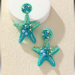 Blue Starfish Beaded Earrings N944